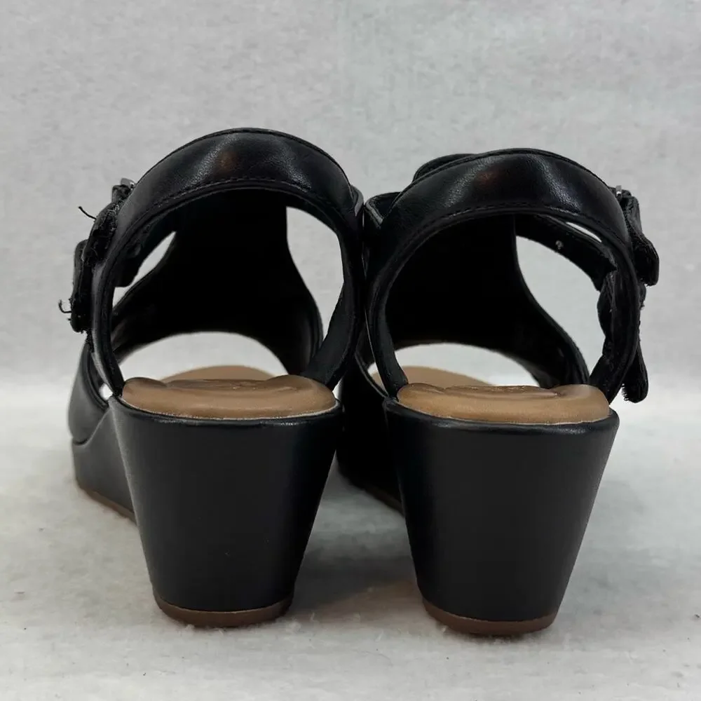 EUC Clarks Unstructured Black Leather Wedges Shoes Heels size 8.5 Worn Once